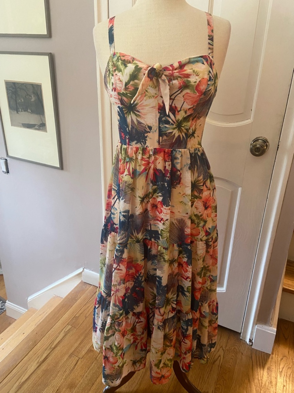 INC International Concepts Tropical Floral Midi Dress in Navy, Coral, Cream